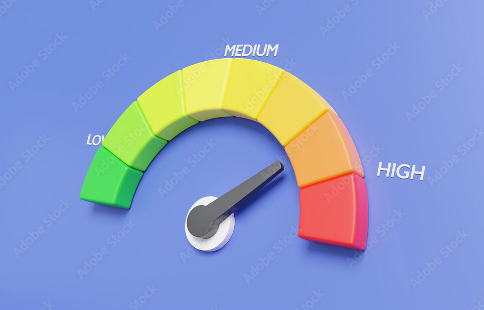 Speedometer icon infographic, arrow point scale speed high status red, Performance, pointer rating risk levels, meter, tachometer on purple background. 3d render illustration